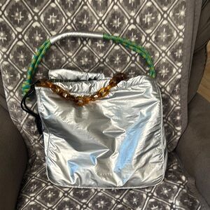 Silver Shoulder Bag with Green Strap and Metallic Finish . So on trend ! Large